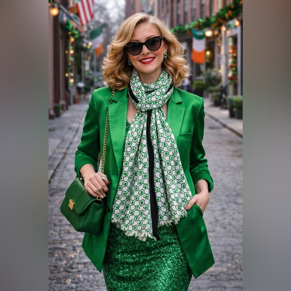 Accessories - Green White Geometric Scarf Lightweight Black Trim Modern Print 70x25